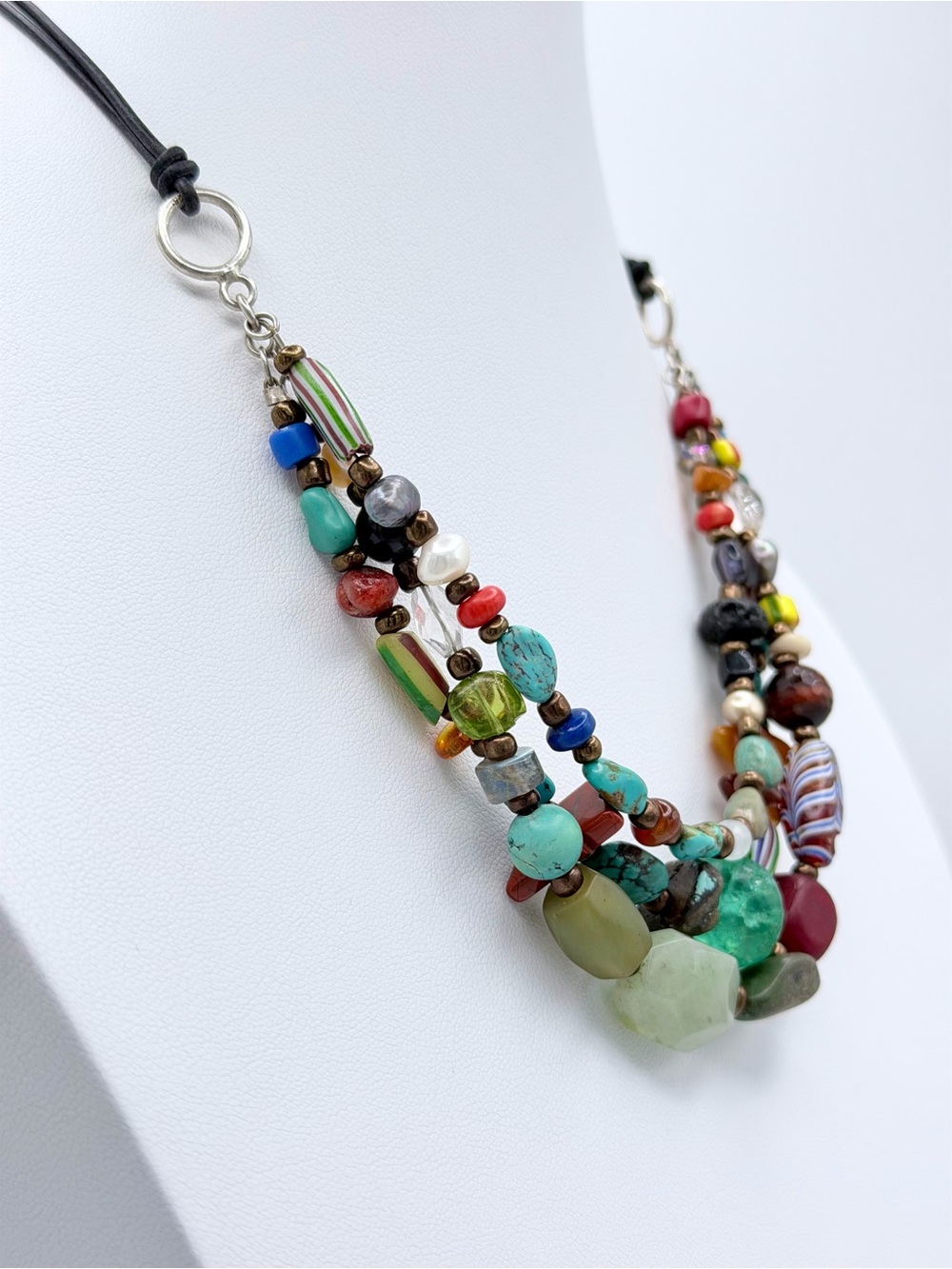 Vintage Peyote Bird Sterling 3-Strand Leather Multi-Stone Blown Glass Necklace - Picture 4 of 16